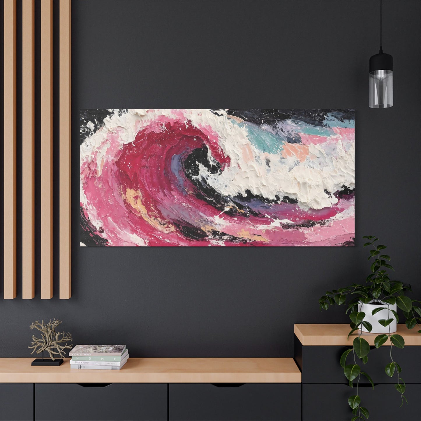 Japanese Abstract Canvas Print Pink Wave Impasto-Effect Wall Art Bold Modern Surf Décor Striking Birthday or Housewarming Gift