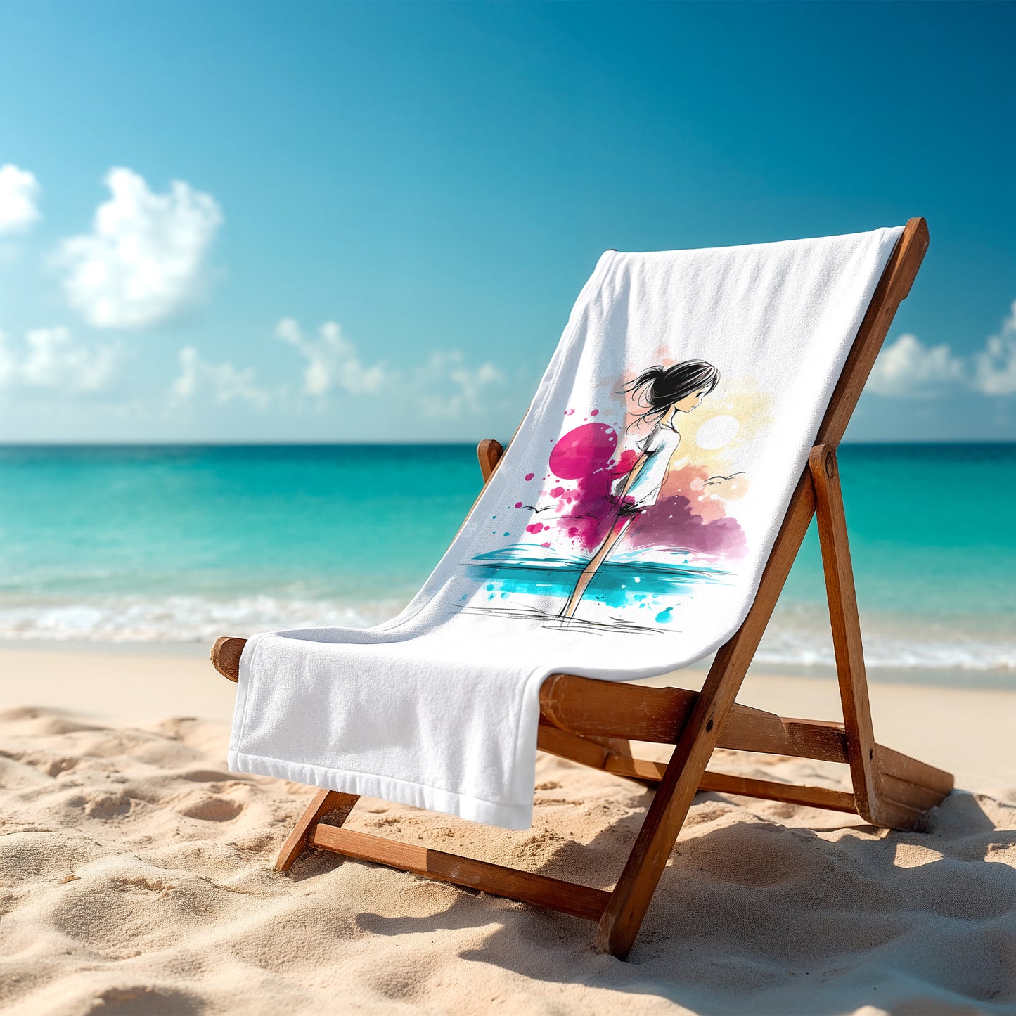 Kawaii ink-sketch beach sheet showing a watercolor seaside scene with an anime girl, large bath towel with plush loop-cotton backing—perfect gift for manga fans.