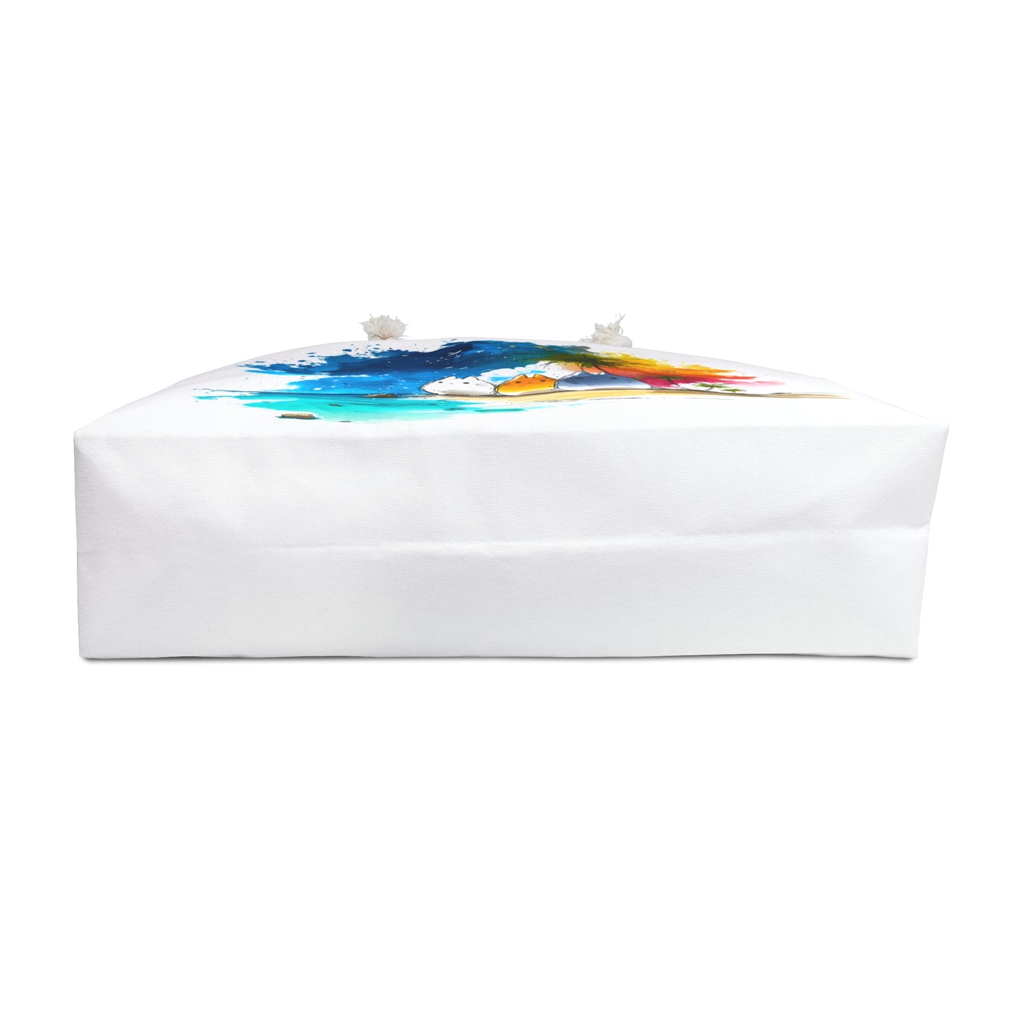 Spacious travel duffel printed with colorful manga cat trio and ocean sunset watercolor splashes, rope-handle weekender tote ideal for beach getaways and weekend trips.