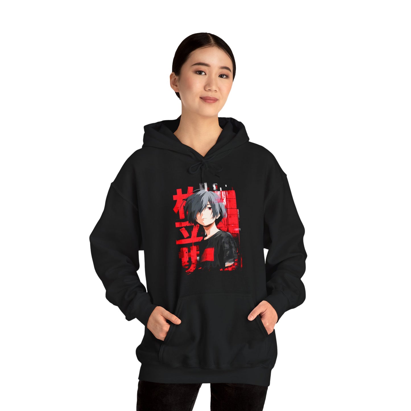 Black hoodie with anime character front print and red background, perfect gift for teens who love manga and Japanese art