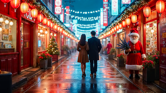 Vibrant Asian Christmas celebration featuring Japanese winter illuminations, traditional decorations, and modern holiday customs in East Asia