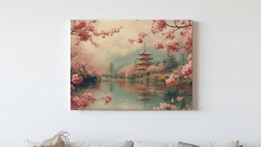 Cherry Blossom Canvas Print, Traditional Japanese Pagoda Landscape, Vintage Style Asian Wall Art, Serene Sakura Decor, Gift for Japan Lovers
