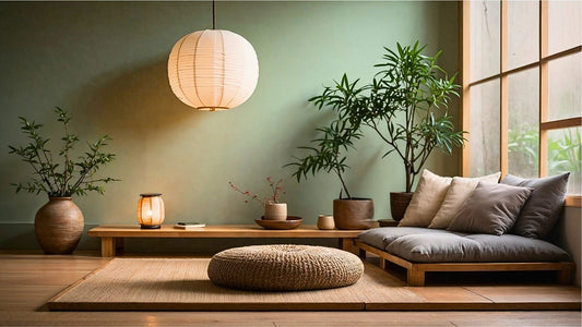 A minimalist reading corner with a low wooden table, floor cushion, paper lantern, and soft lighting in a Japanese-inspired space.