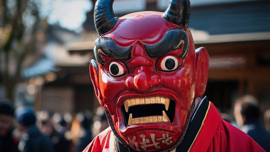 A vibrant Japanese Setsubun festival scene featuring a family performing mame-maki bean throwing, a person wearing an intricately designed oni mask, cherry blossoms and traditional elements symbolizing spring renewal and the banishing of demons.