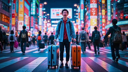 A smiling traveler holding two large suitcases, standing amid the neon-lit crowds of Tokyo’s Shibuya Crossing, symbolizing the excitement of relocating to Japan.