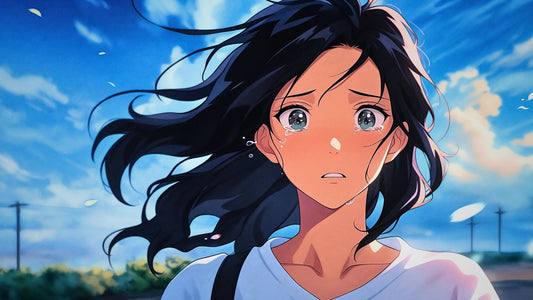 Cover image for the blog post “Top 10 Anime That Will Make You Cry,” showing a dark-haired anime girl shedding tears against a vibrant blue sky.