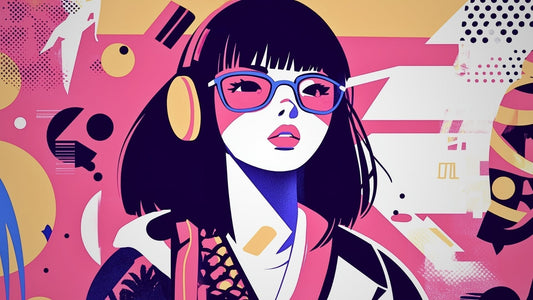 Colorful pop art-style illustration featuring a Japanese girl wearing headphones and bold sunglasses, set against a bright pink and yellow background.