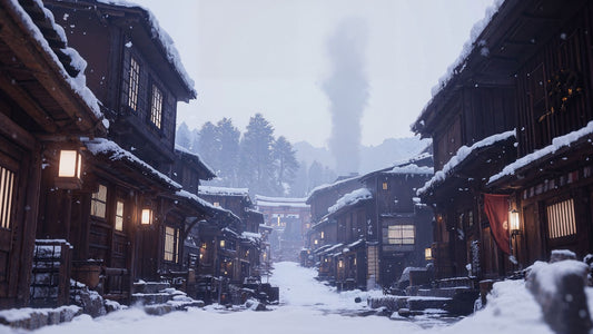 A tranquil Japanese winter scene showing a snow-covered village, warm lantern lights glowing from wooden houses, and gentle steam rising from a distant onsen.