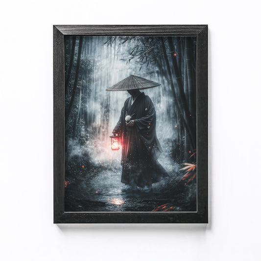 Eerie figure holding a glowing lantern at the entrance of a dark bamboo forest, perfect for spooky Halloween decor.