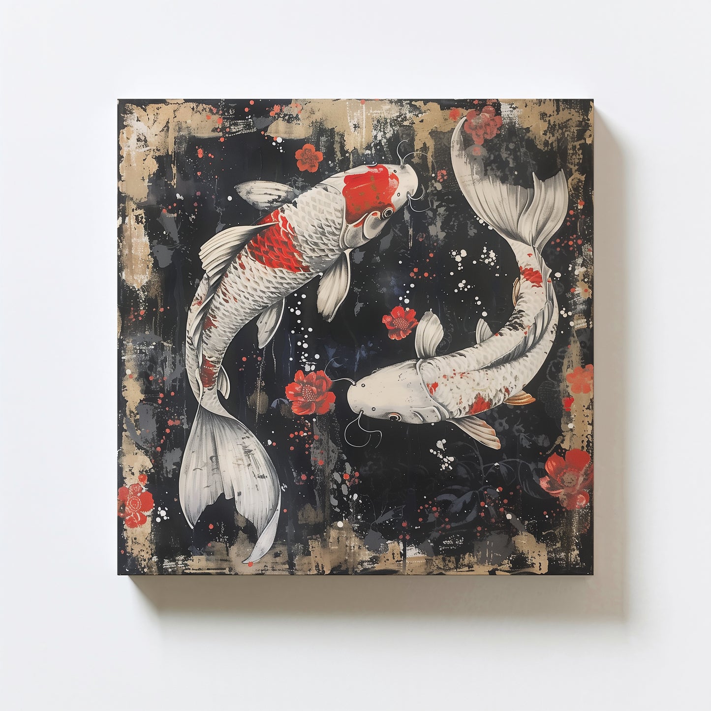 Abstract koi fish and red flowers on a textured dark background, symbolizing prosperity and tranquility in an Asian-inspired canvas art print.