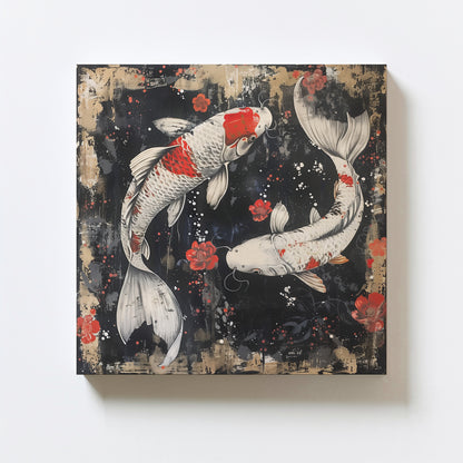 Abstract koi fish and red flowers on a textured dark background, symbolizing prosperity and tranquility in an Asian-inspired canvas art print.