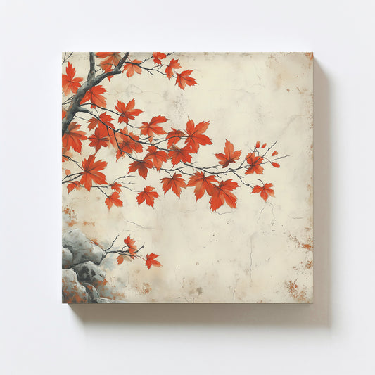 Japanese autumn leaves canvas art in warm, cozy hues, perfect for seasonal and Japandi-inspired decor.