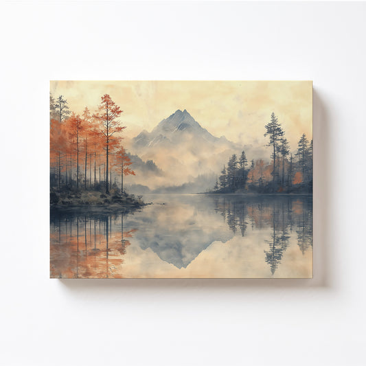 Japanese mountain landscape canvas art with serene reflections, perfect for tranquil Japandi-inspired decor.
