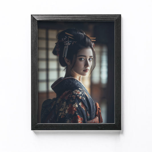 Portrait of an Edo-era courtesan wearing a floral kimono, showcasing the elegance and style of traditional Japanese fashion and culture.