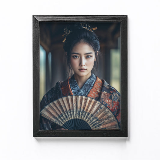 Portrait of an Edo-era princess holding a traditional folding fan, showcasing the poise and elegance of Japan&#39;s royal heritage, perfect for historical decor.