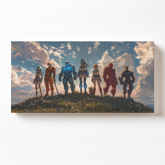 Seven armored anime heroes standing on a hilltop, including a blue-armored beast, red-armored giant, and female warriors, against a bright sky in a wide landscape canvas print.