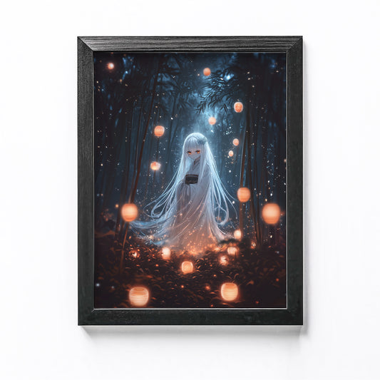 Kawaii Japanese anime Yurei ghost with glowing ethereal body and flowing hair, floating in a bamboo forest with lanterns.