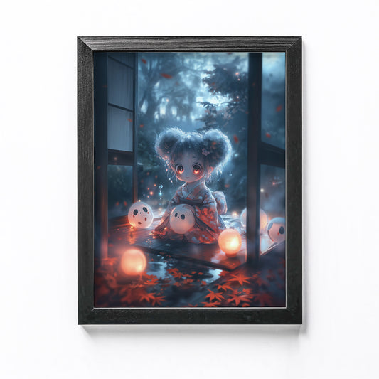 Kawaii Japanese anime Zashiki-Warashi with fluffy hair, glowing eyes, and a friendly smile, sitting in a traditional Japanese room with glowing lanterns.