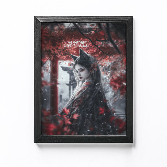 Mischievous kitsune spirit in the guise of a woman, standing before a Shinto shrine surrounded by autumn leaves, perfect for Halloween decor.