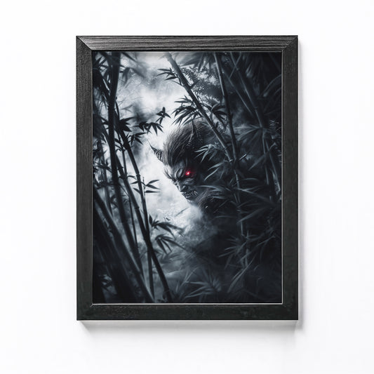 Menacing Japanese oni demon lurking in the shadows of a bamboo forest, perfect for Halloween wall decor.