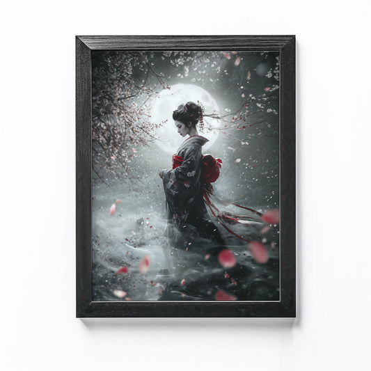 Hauntingly beautiful geisha with a noh mask under a full moon in a misty Japanese garden, perfect for Halloween.