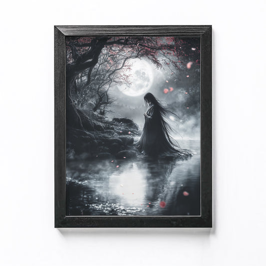 Pale Japanese yurei ghost standing by a dark pond under the full moon, perfect for Halloween decor