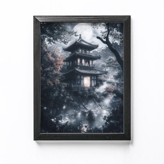 Towering Japanese pagoda surrounded by mist and ghostly figures, perfect for spooky Halloween decor.
