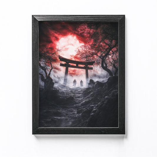 Silhouetted torii gate on a hilltop against a blood-red sunset with shadowy figures, perfect for Halloween decor