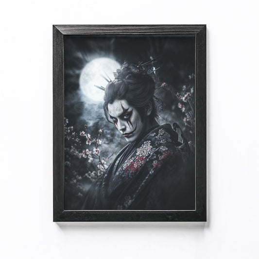 Kabuki actor in full costume performing under a full moon, perfect for dramatic Halloween decor.