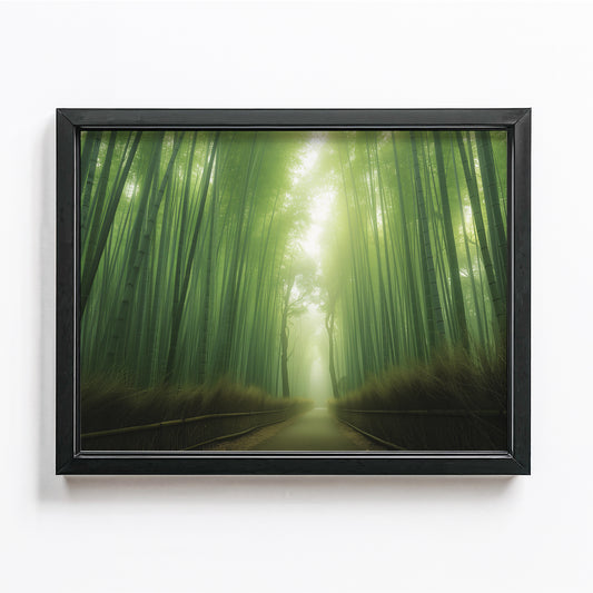 Tranquil Arashiyama bamboo forest poster with sunlight filtering through mist, creating an ethereal green nature wall art piece for peaceful decor.