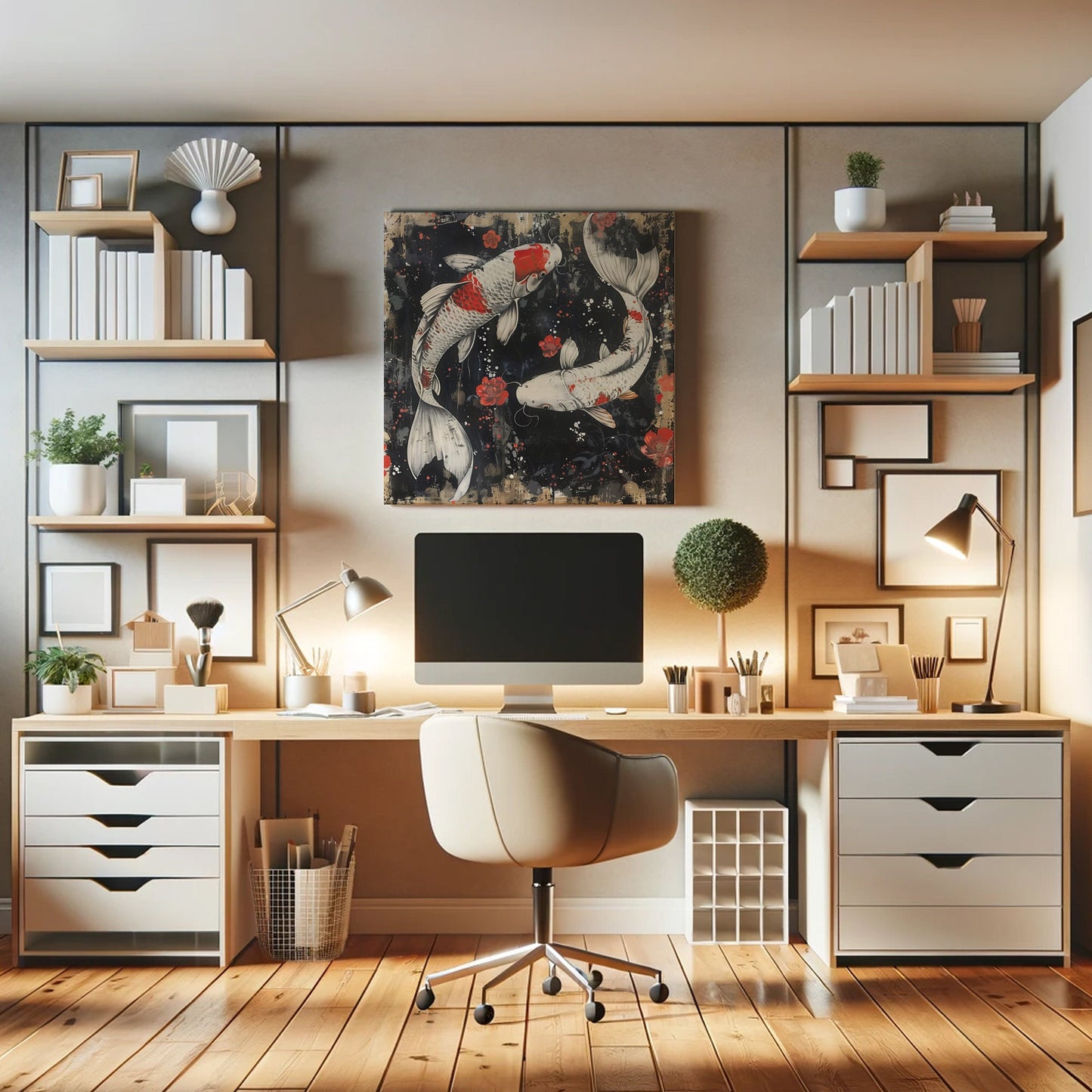 Abstract koi fish and red flowers on a textured dark background, symbolizing prosperity and tranquility in an Asian-inspired canvas art print.