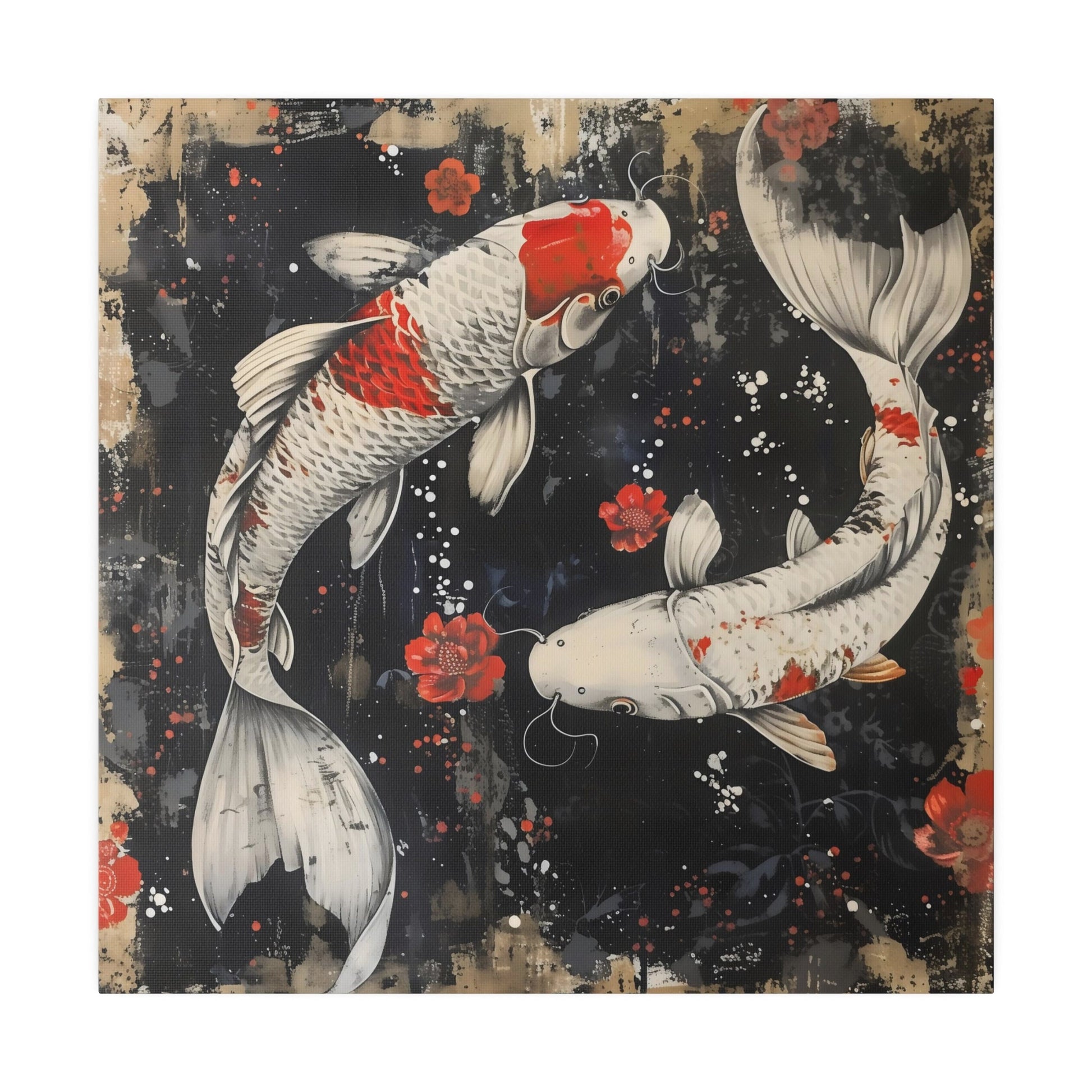 Abstract koi fish and red flowers on a textured dark background, symbolizing prosperity and tranquility in an Asian-inspired canvas art print.