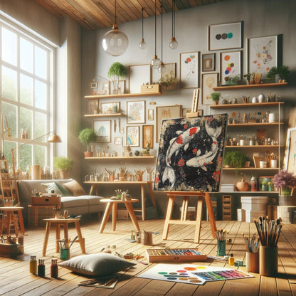 Abstract koi fish and red flowers on a textured dark background, symbolizing prosperity and tranquility in an Asian-inspired canvas art print.