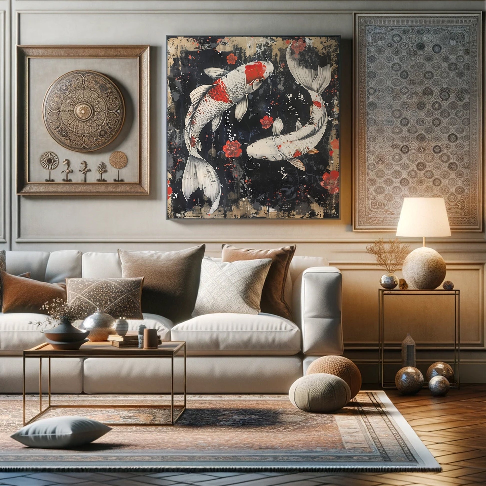Abstract koi fish and red flowers on a textured dark background, symbolizing prosperity and tranquility in an Asian-inspired canvas art print.